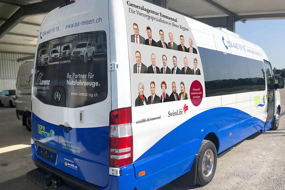 Beschriften Merc Sprinter Kleinbus Aare Aemme Reisen Events 28 Swisslife